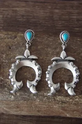 Navajo Indian Heavy Stamped Sterling Silver Turquoise Naja Post Earrings - Be... • £96.50