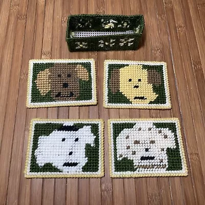 Set 4 X VTG Cross Stitch Coasters W/ Holder Handmade Dog Pattern Yarn On Plastic • $19.99