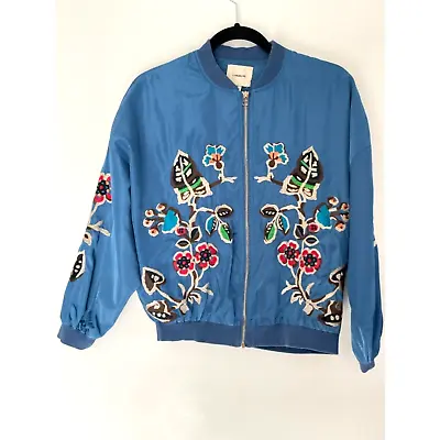 I.Madeline Embroidered Boho Blue Floral Bomber Jacket Size Small - Medium E84 • $35