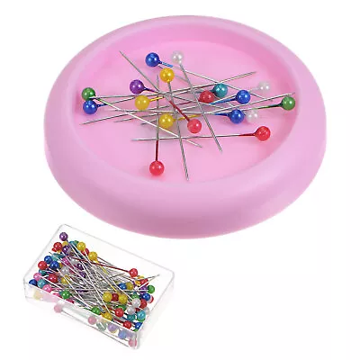 Magnetic Pin Cushion Concave Shape With 100pcs Plastic Head Pins Purple Pink • $7.24