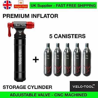 Bike CO2 Pump Velo-Tool™ Tyre INFLATOR Cycling + 5 CANISTERS Cartridges + Bkt • £28.99