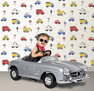 Debona Cars Fire Engine Trucks Road Traffic Boys Bedroom Wallpaper 10m 20007 • £8.99