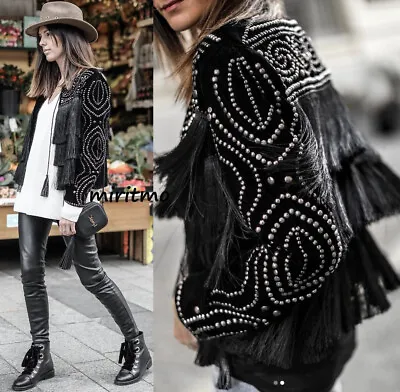 A520 Zara Woman Black Velvet Blazer Fringed Studded Kimono Jacket Coat - S • $169.99