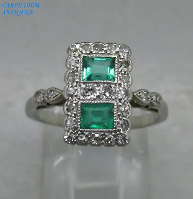 Art Deco Colombian Emerald & Old Cut Diamond Platinum Ring Uk Size J & Usa 4 5/8 • £625.50