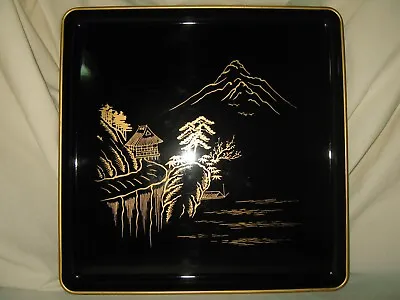 Vintage Japanese Lacquer Painted Landscape Square Wood Tray 14X14  Circa 1970's • $28