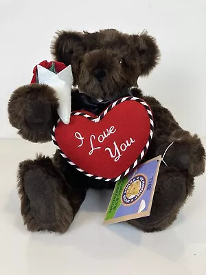 Vermont Teddy Bear Jointed 16  Stuffed Dark Brown Plush “I Love You” Heart Rose • $22.99