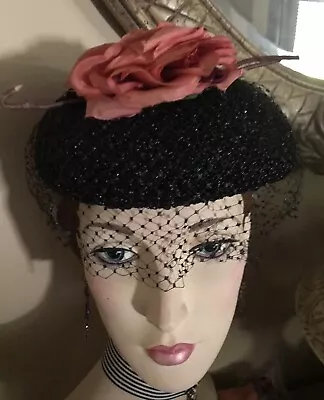 Vintage Ladies Hat Lg Millinery Rose Black Straw/Netting Pillbox Knox Fifth Ave • $40