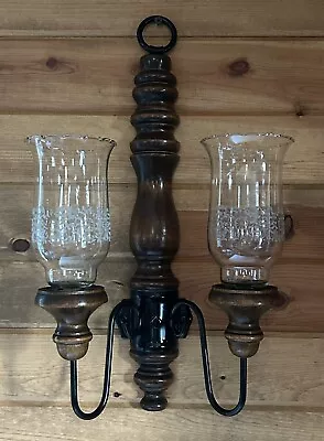 Vtg Homco Wood/wrought Iron Double Sconce W/glass Floral Votive Cups • $16.81