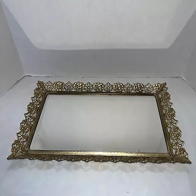 Vintage Dresser Vanity Rectangular Gold Filigree Mirror Perfume Tray-10”x15” • $15