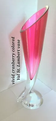 $69.99 • Buy Vtg CRANBERRY GLASS VASE Signed Val St Lambert CORNUCOPIA Art Glass / Free Ship