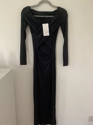 Zara Fitted Draped Detail Maxi Dress With Waist Cut Out Size Small BNWT • £12