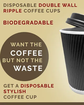 Insulated Ripple Coffee Cup Flat Lid Disposable Leakproof Black Paper Cup 8oz-25 • £8.40