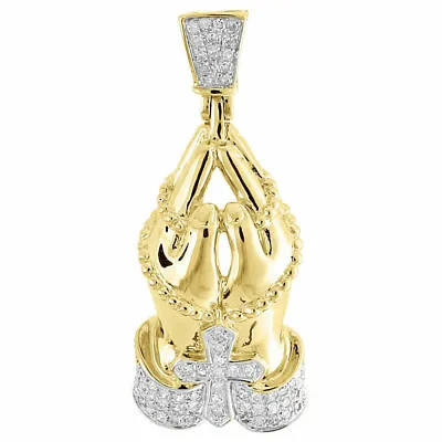 $398.99 • Buy 10K Yellow Gold Round Pave Diamond Praying Hands Pendant Rosary Charm 0.26 Tcw.