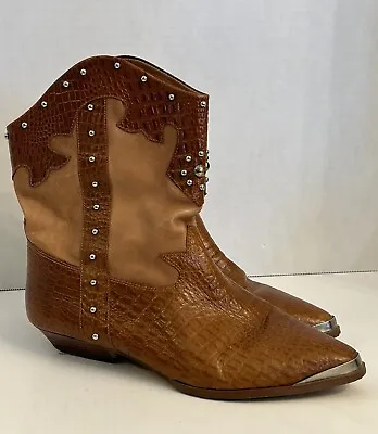 Vintage 80’s  9 West Brown Leather Studded Cowboy Boots Ankle Women’s 9M • $50