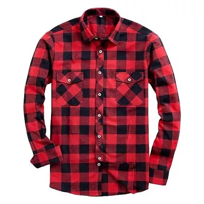 Classic Mens Work Tops Button Down Plaid Lapel Shirts Long Sleeve Fashion • £20.75