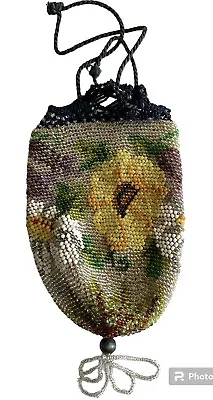 Antique Vintage Silk Micro Beaded Drawstring Purse Hand Bag Floral Reticule • $56