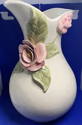 VINTAGE Ceramic Vase With Applied Capodimonte Flowers Large.Pretty Delicate • $15.50