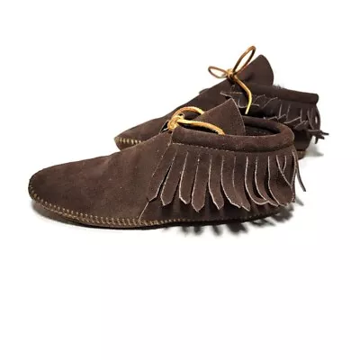 Minnetonka Moccasin Classic Fringe Softsole Boots Brown 488 Size 7-BOHO Made USA • £47.23