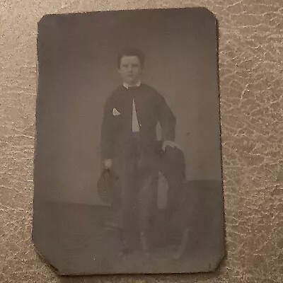 2.5”x3.87” Daguerreotype Tin Type 6th Plate Young Boy Holding Hat & Petting Dog? • $17.29