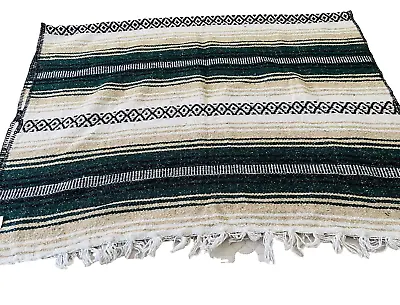Authentic GREEN Mexican Falsa Blanket Hand Woven Yoga Mat Blanket 46  X 72  • $22