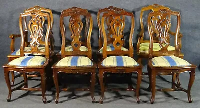 Set Of 8 French Louis XV Carved Walnut Twist Back Dining Chairs C1960s • $3465