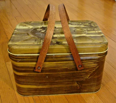 Vintage Tin Litho Picnic Basket Wood Handles Hinge Lid Faux Wood Brown Yellow • $25.95