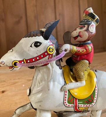 £140 • Buy Vintage Tin HAJI Japan Wind Up MONKEY ON HORSE Toy  - Working
