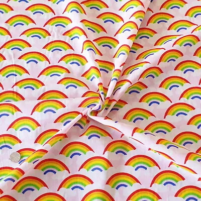 Polycotton Fabric Bright Rainbows And Clouds In The Sky Pride Rainbow • £2.70