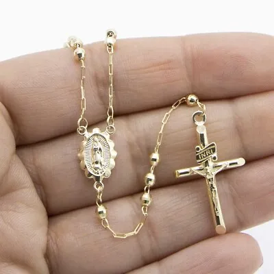 Medallion Cross Rosary Crucifix Chain Necklace Real 14K Yellow Gold All Sizes • $714.99