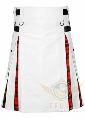 $69 • Buy Scottish Men's Fashion White Cotton Under Pleats Wallace Hybrid Utility Kilt