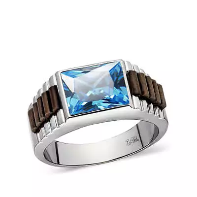 Blue Topaz Ring For Men Statement Solid Fine 14k White Gold Mens Heavy Wide Ring • £581.48