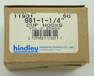 Box Of (50) Hindley 981-1-1/4  Solid Brass Cup Hooks 11931 • $15.99