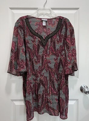 $22 • Buy CATHERINES 3X Tunic Blouse Paisley Accordian Semi Sheer Beaded Top 26/28