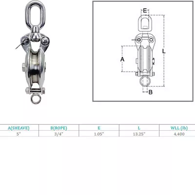 Heavy Duty Stainless Steel T316 Sheave Swivel Block Hoist Lift For Wire Rope • $264.99