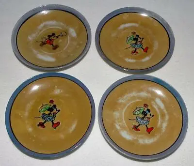 EX! DISNEY 1930's 4PC PAINTED  MICKEY MOUSE CHINA TEA SET -3 3/4  3 TONE SAUCERS • $39.99