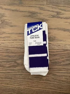 70s 80s  Vintage TCK Made In USA Retro 3 Stripes Tube Socks Purple NWT Small • $13.95