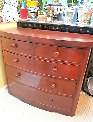 Large Antique Edwardian Mahogany Curved Chest Of Drawers H102xL120xW55 Cash Only • £125