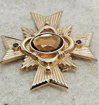 AVON Vintage Gold Tone Brown Rhinestone Maltese Cross Signed Pin Pendant • $22.49