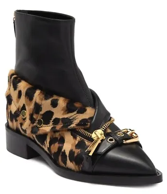 Moschino Womens Leather & Pony Skin Biker Ankle Boot Leopard Black Size 36 US 6 • $139.99