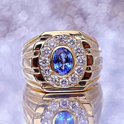 Men's Natural Blue Sapphire & Diamond 2.92 Ct Solid 14K Yellow Gold Ring • $1424.99