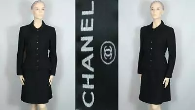 CHANEL Black Boucle Tweed 2Pc Suit CC Buttons BLAZER JACKET A-Line SKIRT 42 • $1225