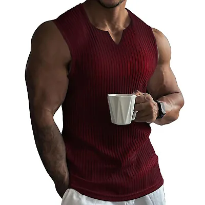 Mens Ribbed Knit Tank Tops Vest Undershirt Solid Color Gym Workout Muscle Shirt • $13.29