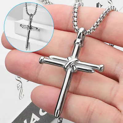 Men Silver Stainless Steel Nail Rope Cross Pendant Necklace Chain Jewelry Gift • $9.98