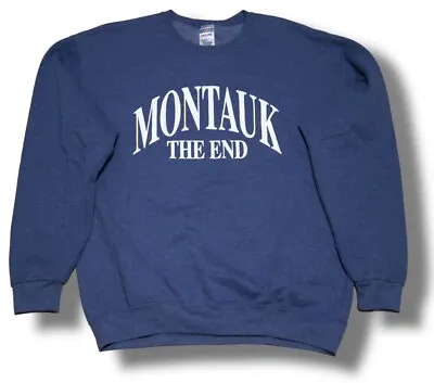 Vintage Montauk Long Island The End Large Blue Crew Neck Puff Print Sweat Shirt • $59.99