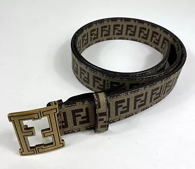 Fendi Zucca FF Monogram Brown/Gold Men Logo Leather Belt Size 85/34 • $220