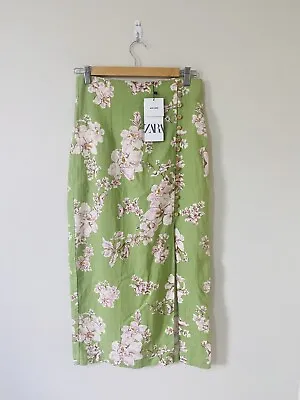Zara Gorgeous Linen Floral High Waist Midi Skirt 8 10 Brand New  • £26.99