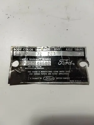 1964  Original  Vintage Ford Galaxy 500 Metal Cowl Plate Vin Tag Door Trim Color • $49