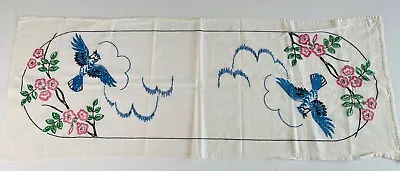 Vtg 50's Handmade Embroidered Bluebird Bird Floral Table Runner Cottagecore • $13.99