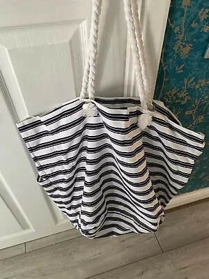 Nautical Navy And White Stripe Beach Bag.brand New..rope Handles..summer/holiday • £14.99