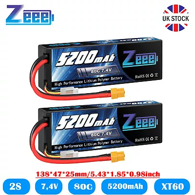 2PCS Zeee 2S LiPo Battery 7.4V 5200mAh 80C XT60 Hardcase For RC Car Truck Boat • £39.99